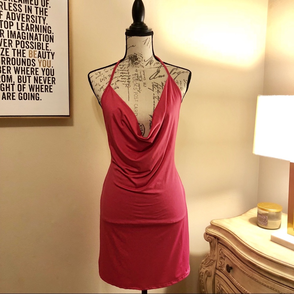 Hot Pink Halter Backless Slit Dress